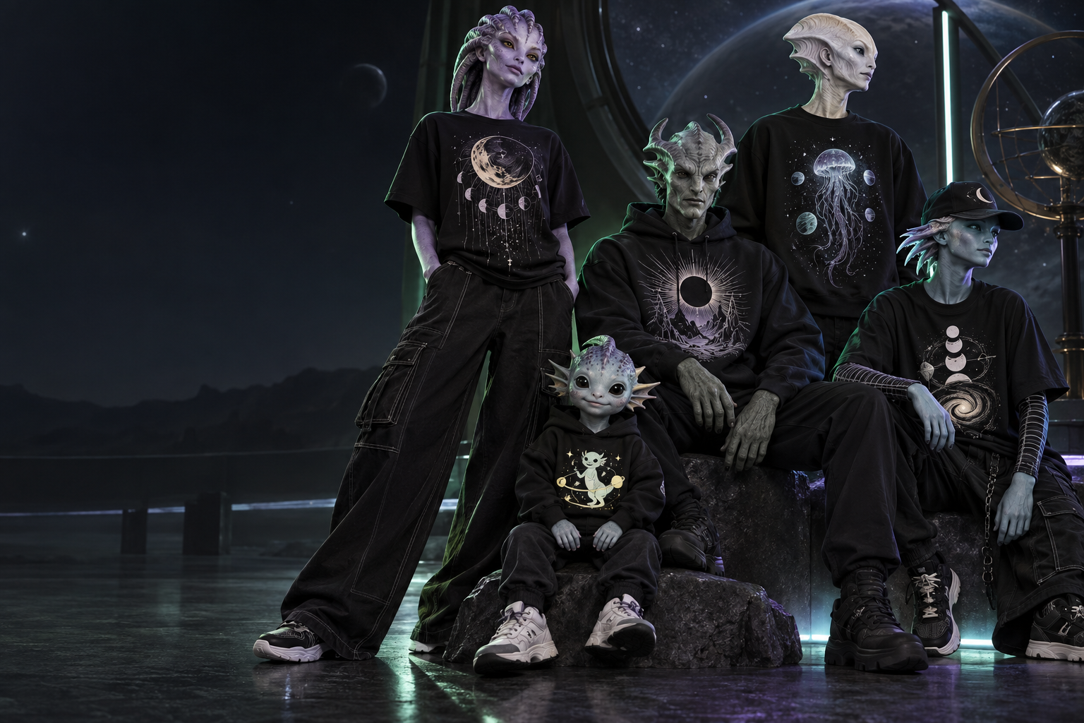 A group of original extraterrestrial models wearing graphic alien T-shirts, hoodies, and a cap
